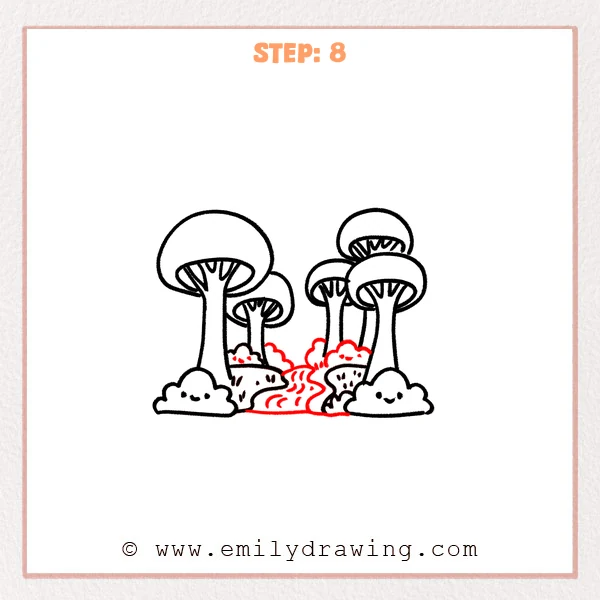 how to draw a cartoon forest - Step 8 of a cartoon forest drawing adds a winding central path or stream between the ground mounds, with wavy inner lines for texture and flow.